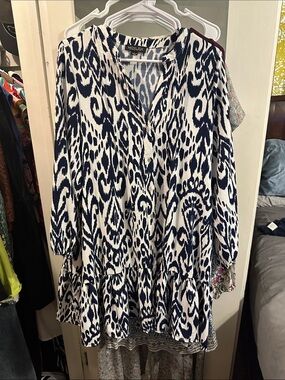 NY Collection Navy and White Ikat-Print Long Sleeve Tunic Dress